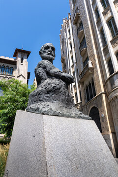 Barcelona, Spain - Aug.5, 2026: Bust of Francesc Cambo, a conservative politician from Catalonia who co-found and led the autonomist party Lliga Regionalista, by sculptor Victor Ochoa.