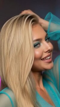 Glamorous pose with blonde hair and bold teal makeup