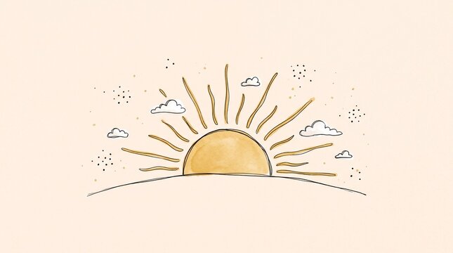 Minimalist sunrise illustration with rays and scattered clouds over horizon