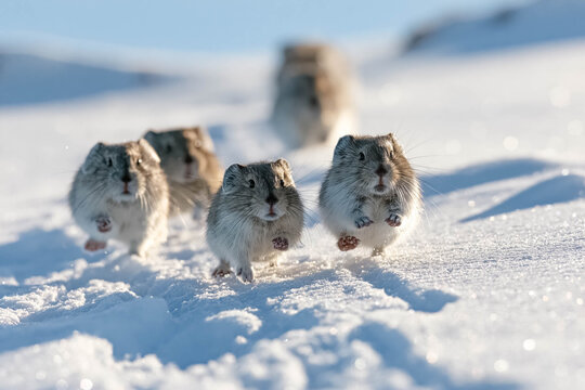 Group of lemmings running across fresh snow in the Arctic tundra, winter wildlife migration