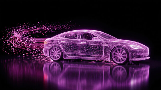 Pink digital wireframe of car moving fast. Futuristic vehicle with motion blur particles. Concept of innovative automotive engineering and high speed data technology in cyberspace.