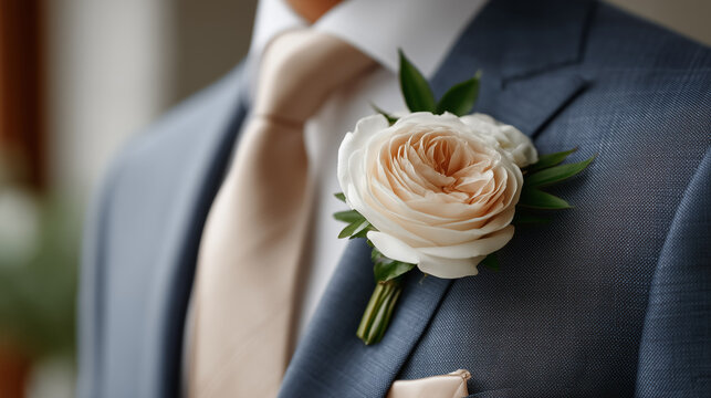 Formal boutonniere pinned on elegant suit lapel