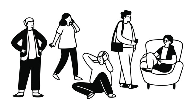 Black and White People Activities Vector Illustration Set