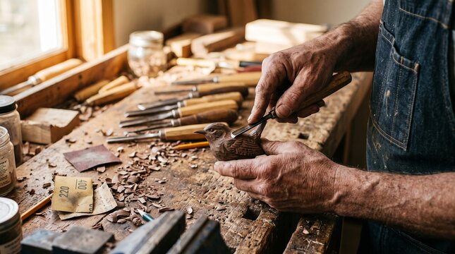 Skilled craftsman hand-carving wooden pieces in a cluttered workshop filled with tools