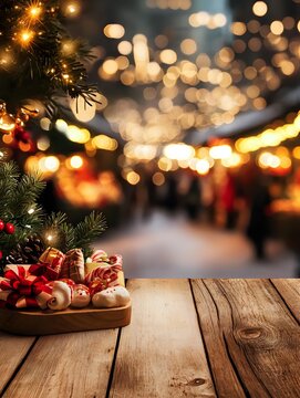 Wooden table with festive cookies and pine branch, warm bokeh lights