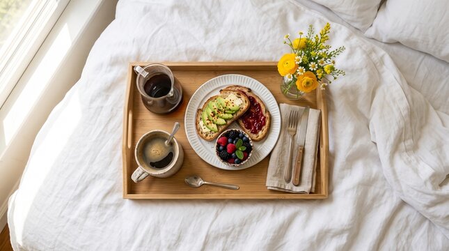 Cozy breakfast tray with fresh fruit and coffee on a bed with soft lighting