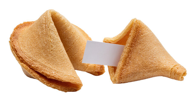 Two golden fortune cookies with blank white paper slips, isolated on transparent background