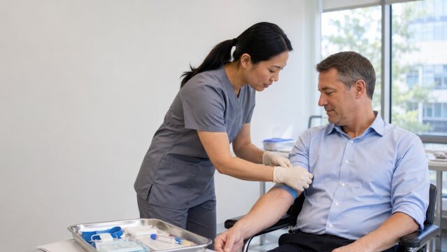 Healthcare professional in gray scrubs prepares to draw blood from a male patient wearing a blue shirt in a clinical setting with medical equipment visible