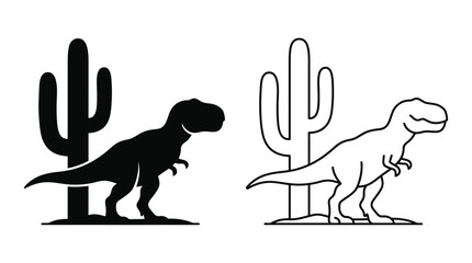 Tyrannosaurus rex silhouettes with cactus black and white line art © Kaium