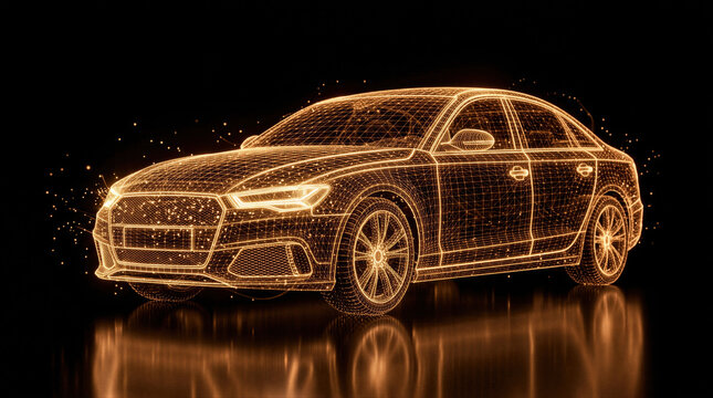 Golden wireframe sedan on black background. Futuristic digital car model with glowing mesh and light particle. Automotive technology innovation and engineering concept