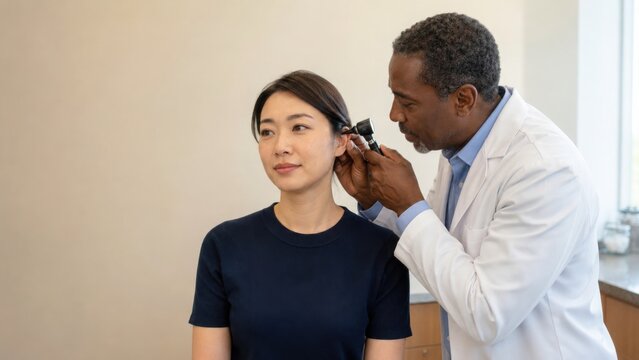 Male doctor examines female patients ear with otoscope during medical checkup in a bright clinic setting with neutral-colored walls and wooden furniture