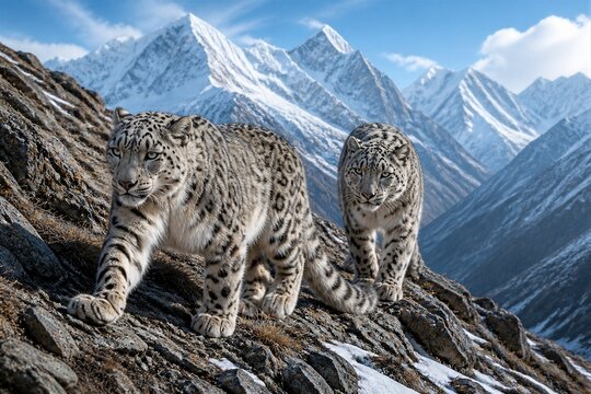 Snow leopards walking on rocky slope in mountain range