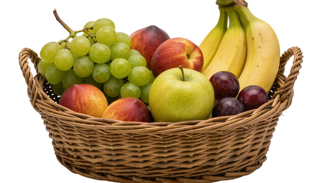 Woven wicker basket overflowing with fresh green grapes red apples yellow bananas and purple plums, isolated on transparent background