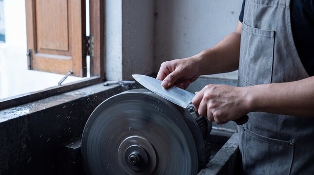 Knife Sharpener Grinding a Blade on a Spinning Whetstone Wheel