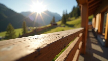 Fototapeta premium Scenic view from wooden balcony with sun shining over mountains in background. Stunning nature photography captures beautiful sunlight streaming in mountain landscape.