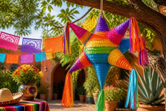 Colorful star pinata hanging from tree in festive courtyard