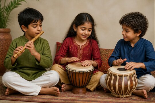 Three children playing percussion instruments in living room