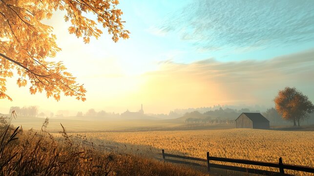 Soft morning mist blankets peaceful farm fields, creating a serene scene. Golden hues illuminate the land, highlighting the quiet beauty of nature at dawn