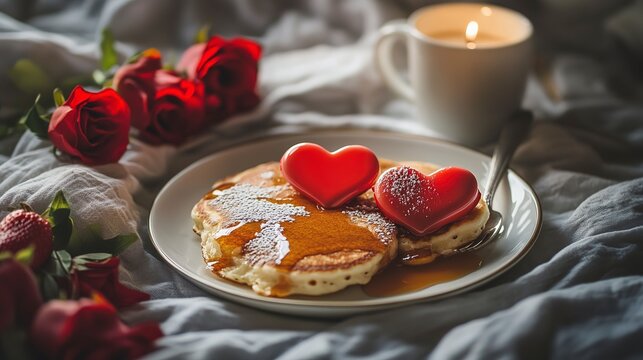 Heart-shaped pancakes sit on a plate surrounded by fresh roses, drizzled with syrup. A cozy morning ambiance fills the room, enhanced by a warm cup nearby