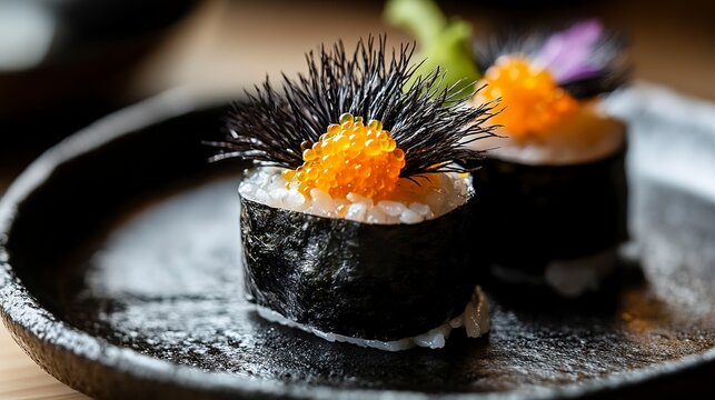 Delightful sushi features fresh uni atop perfectly molded sushi rice, highlighted by vibrant orange roe. A culinary masterpiece from a trendy sushi restaurant, capturing the essence of the sea