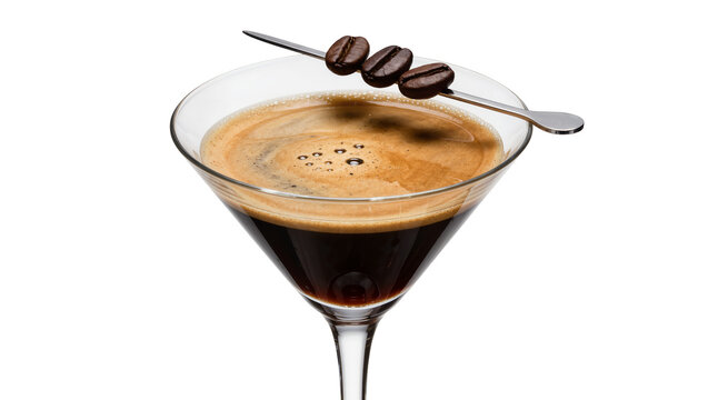 Espresso martini cocktail with coffee beans on skewer, isolated on transparent background
