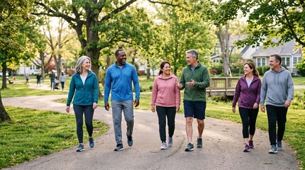 Fototapeta premium Group of friends walking together outdoors on a sunny park path
