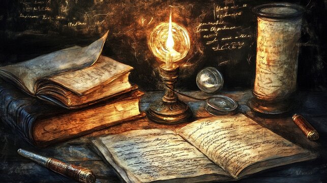 In a cozy study, an amber light glows from an antique lamp, casting warmth on stacked leather-bound books and open pages filled with handwritten notes