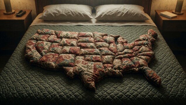 Bed quilted bedspread has white pillows top there nightstands either side lamps nightstand left phone book rig