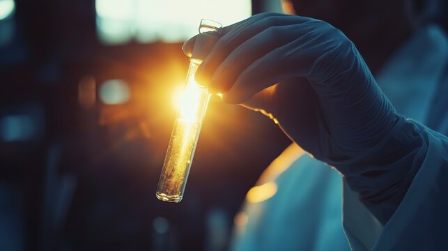 In a busy laboratory, a dedicated scientist examines a test tube filled with a new drug formula, radiant light highlighting their discovery. Excitement fills the air as innovation unfolds