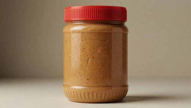 Close-up jar peanut butter made glass has red lid light brown color appears thick creamy slightly open reveali