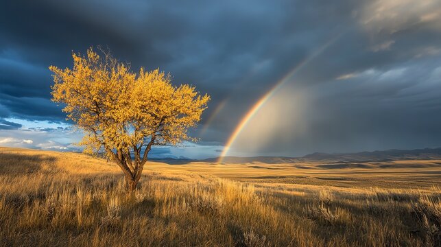 Amidst dark clouds swirling in a stormy sky, a vibrant rainbow stretches gracefully over a golden autumn landscape, highlighting the beauty of nature's contrasts