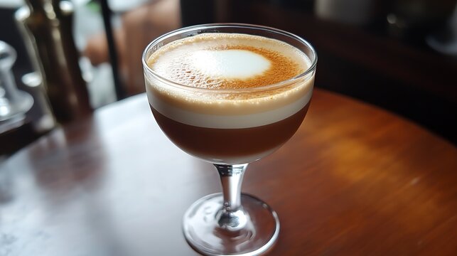 A beautifully layered cortado stands tall in a small glass, showcasing rich espresso at the bottom and creamy foam on top. The warm atmosphere of the cafe adds to its charm