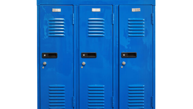 Three blue metal school lockers with vents and locks, isolated on transparent background