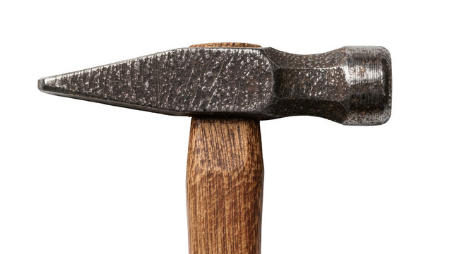 Metal ball peen hammer with textured head and wooden handle, isolated on transparent background