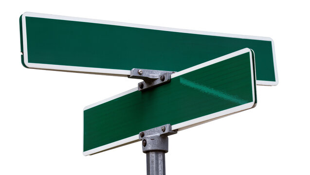 Two blank green street signs with white borders mounted on metal pole, isolated on transparent background