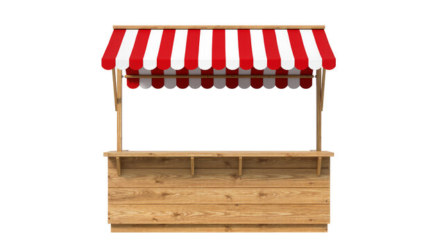 Wooden market stall with red and white striped awning, isolated on transparent background