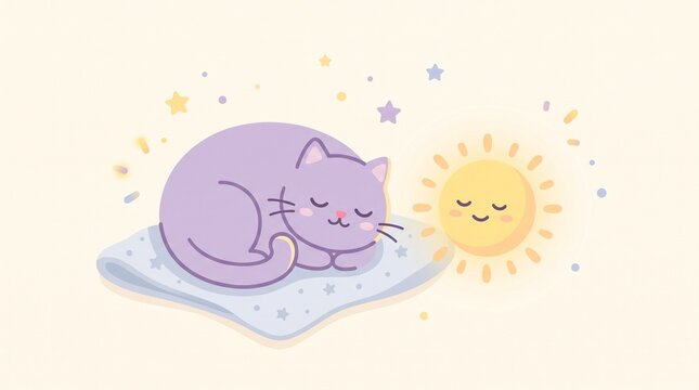 Cute cartoon cat sleeping peacefully under a smiling sun with stars