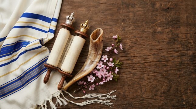 Jewish holiday symbols including a prayer shawl tallit, torah scroll, and shofar.