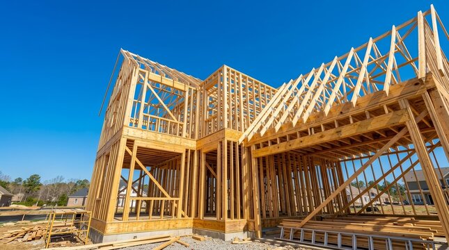 Residential construction site showing wood framing of a new home under a blue sky.