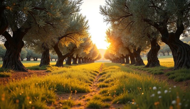 Olive tree grove at sunset highlighting golden sunlight filtering through trees and vibrant green grass. Olive tree grove creates a serene atmosphere for relaxation and contemplation amidst nature.