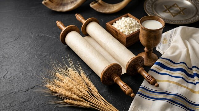 Kosher dairy food and Torah scroll with tallis for Shavuot holiday celebration.