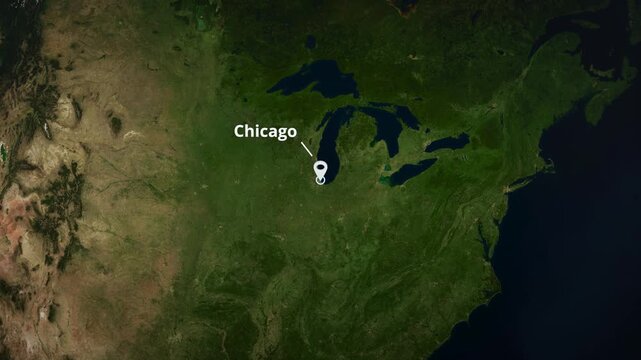 Satellite globe animation descending to Chicago, United States featuring a white location pin, concentric circle highlight and typography for a travel graphic template.