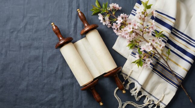 Jewish Torah scrolls with a white tallit prayer shawl and spring flowers.