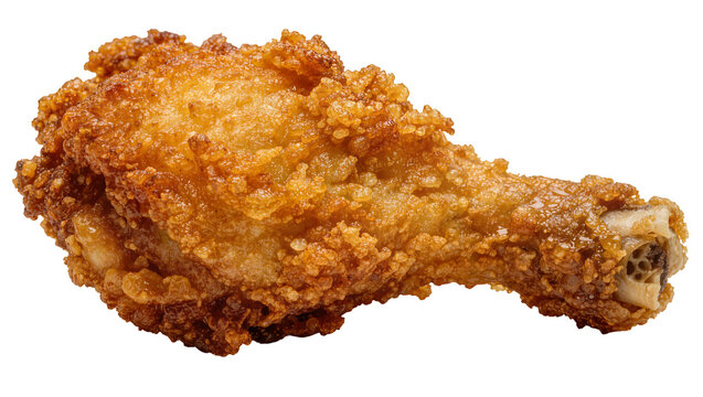 Golden crispy fried chicken drumstick with crunchy breading, isolated on transparent background