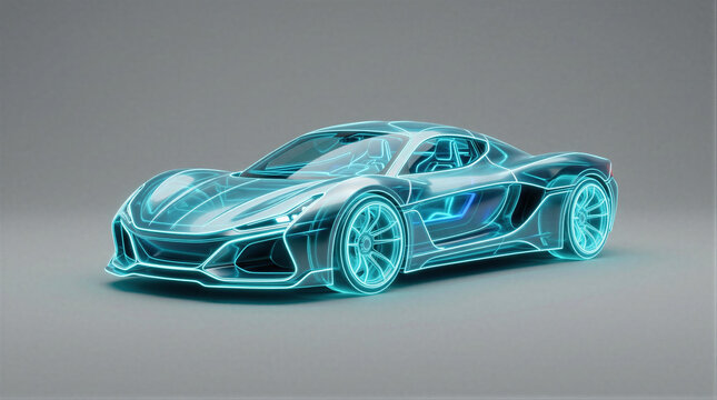Futuristic transparent sports car with neon glowing outline. Holographic wireframe vehicle with digital light effect. Future automotive technology and innovation concept model