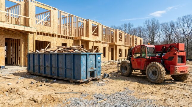 Blue dumpster and waste bins at a new apartment house construction site.