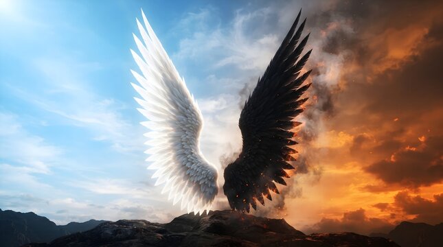 Conceptual art showing angel and demon wings against a split sky background.