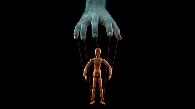 Giant ghostly hand controlling a wooden mannequin puppet on strings.