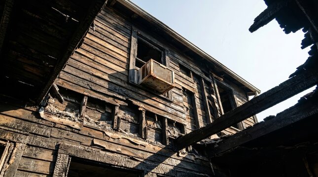 An abandoned house completely consumed by fire and burnt to the ground.