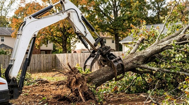 A white tractor arm uses a grapple to clean up fallen trees after a hurricane storm.